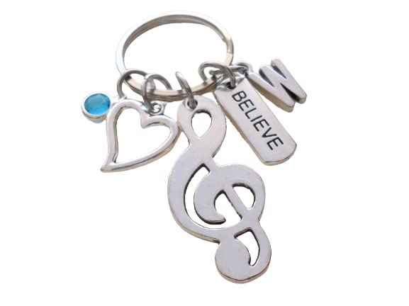 Custom Treble Clef Charm Keychain with Heart and Believe Charm, Personalized Graduate Keychain, Gift for Musician Graduate