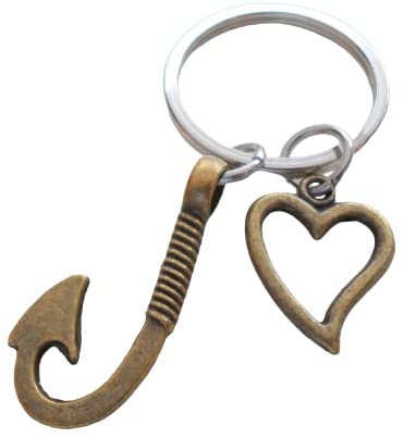 Bronze Fish Hook Keychain with Heart Charm - I'm Hooked On You; Couples Keychain