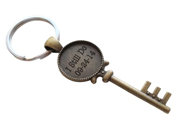 Custom Bronze Key Charm Keychain with Engraving, Couples Anniversary Keychain