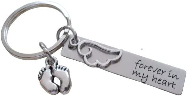 Forever in My Heart Engraved Steel Rectangle Tag Keychain with Small Wing Charm and Baby Feet Charm, Memorial Keychain