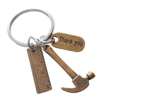 Bronze Hammer Charm Keychain with Ruler Charm and Thank You Charm, Handy Worker Keychain