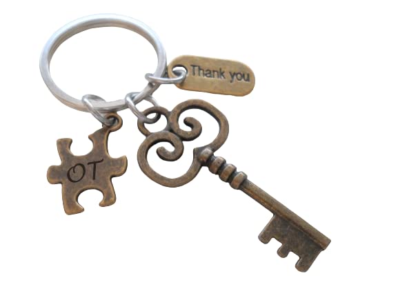 Occupational Therapist Keychain with Bronze Key, OT Puzzle, and Thank You Charm, OT Appreciation