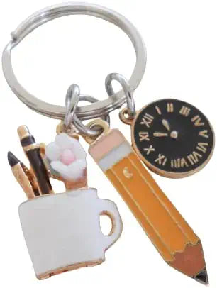 Office Staff Appreciation Keychain, Clock, Pencil & Mug Charm Keychain; Secretary, Receptionist, or Employee Keychain