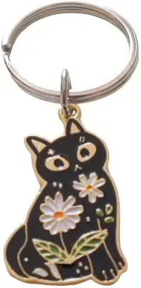 Black Cat Charm Keychain with Daisy Flowers, Cat Person Keychain, Cat Lady Keychain