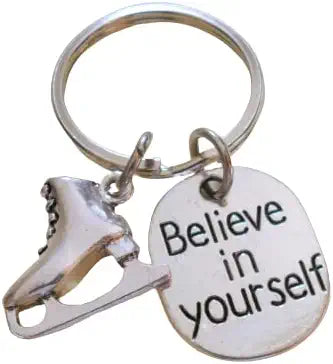 Ice Skating Keychain with Ice Skate Charm and Believe in Yourself Charm, Ice Skater or Coach Keychain