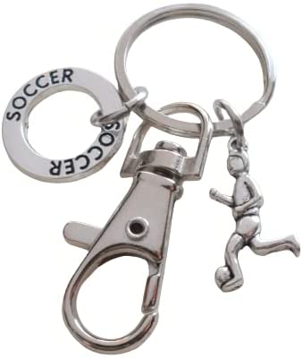 Soccer Player Keychain with Soccer Ring Charm and Swivel Clasp Hook, Soccer Player or Coach Keychain