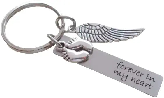 Forever in My Heart Engraved Steel Rectangle Tag Keychain with Baby Feet & Wing Charm, Memorial Keychain