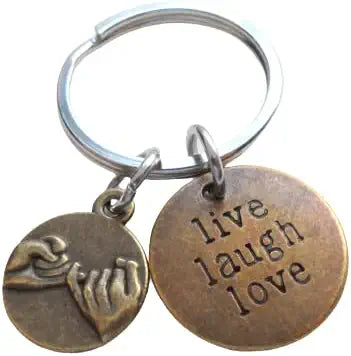 Bronze Pinky Promise Charm With Live Laugh Love Disc Charm, Couples Keychain