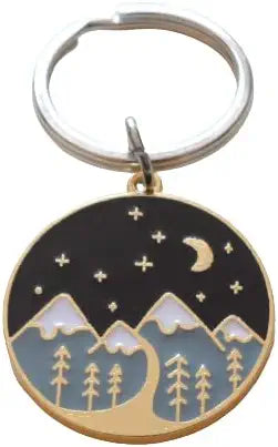 Camping Keychain; Mountain, Trees, & Night Sky Scene Charm Keychain