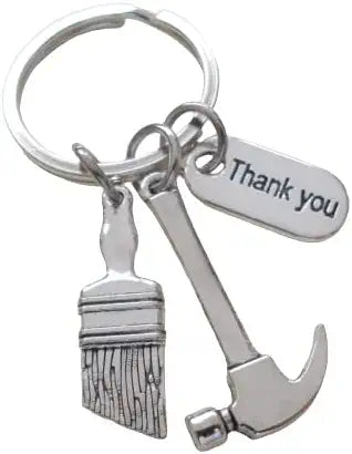 Hammer & Paint Brush Charm Keychain with Thank You Tag, Builders, Construction Team, Contractor, Handyman Appreciation Keychain