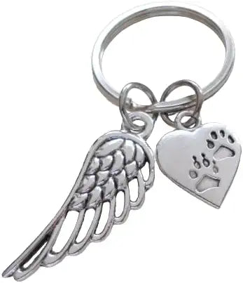 Paw Prints on Heart Charm Keychain with Wing Charm, Pet Memorial Keychain
