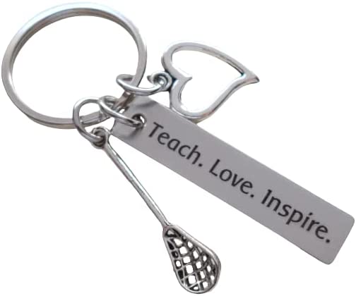 Lacrosse Coach Keychain, Lacrosse Stick Charm, Heart Charm, & Engraved Tag "Teach. Love. Inspire.", Lacrosse Coach Appreciation Keychain