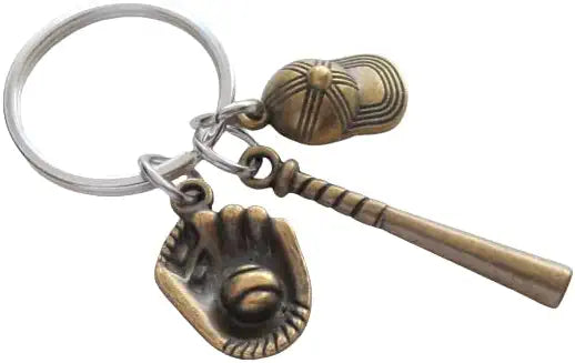 Bronze Baseball Bat, Mitt, and Baseball Cap Charm Keychain, Softball or Baseball Team Player Keychain