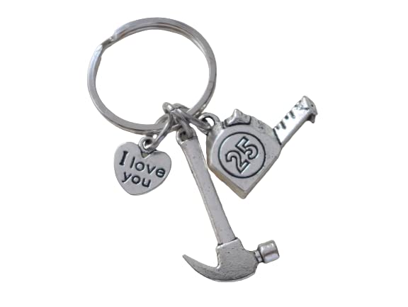 Hammer Charm Keychain with Tape Measure Charm and I Love You Heart Charm