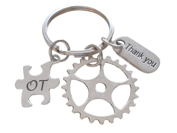 Occupational Therapist Keychain with Gear, OT Puzzle, and Thank You Charm, OT Appreciation