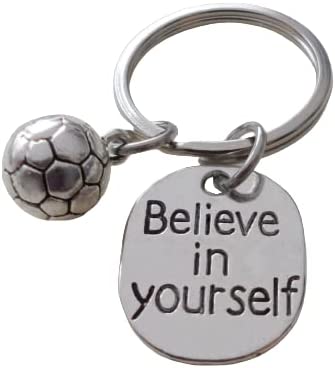 Soccer Keychain with Soccer Ball Charm and Believe in Yourself Charm, Soccer Player or Coach Keychain