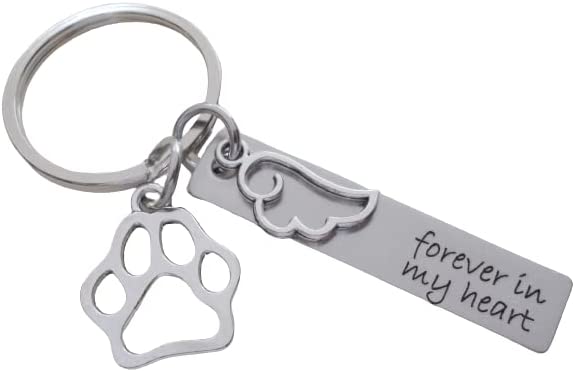 Forever in My Heart Engraved Steel Rectangle Tag Keychain with Small Wing Charm and Paw Charm, Pet Memorial Keychain