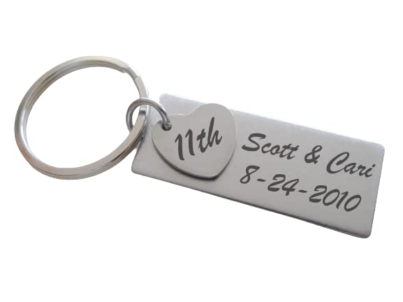 Custom Engraved Stainless Steel Keychain with Heart Tag for Couples 11 Year Anniversary Gift Keychain, Add Backside Engraving