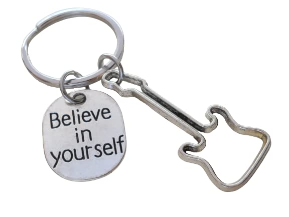 Guitar Player Charm Keychain with a Guitar Shaped Charm and Believe in Yourself Charm