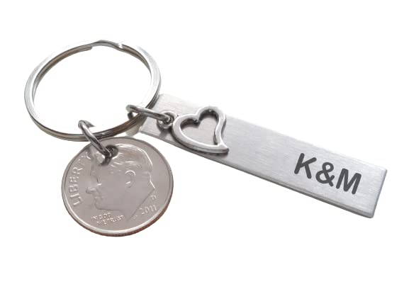 Custom Engraved Aluminum Tag with Heart Charm Layered Over and Dime Anniversary Keychain, Couples Keychain