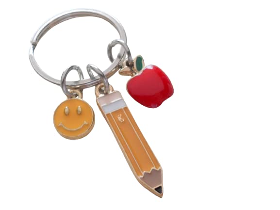 Pencil, Apple, & Smiley Face Charm Teacher Keychain - Thanks for Being Such a Great Teacher