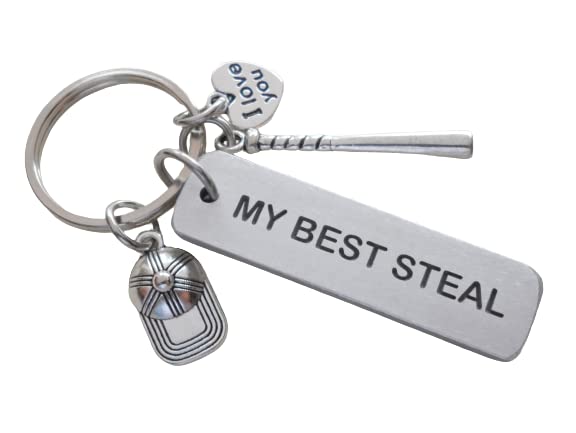 Baseball or Softball Keychain with "My Best Steal" Engraved on Aluminum Tag with Baseball Cap & Bat Charm, and I Love You Heart Charm