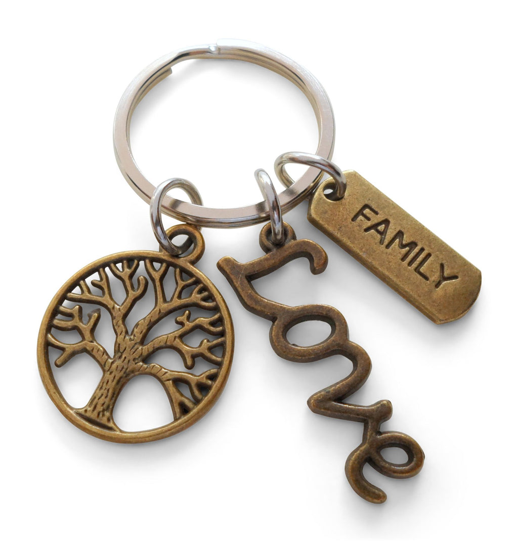 Bronze Family Tree Charm Keychain with Love Charm, Family Reunion Gift