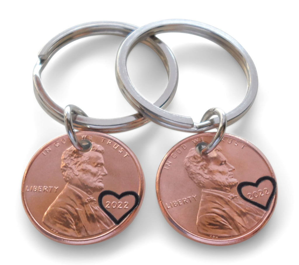 Double Keychain Set 2022 US One Cent Penny Keychains with Heart Around Year; Anniversary, Couples Keychain