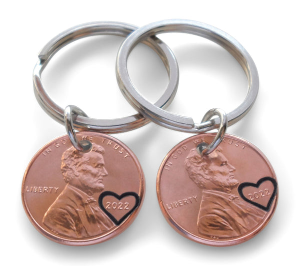 Double Keychain Set 2022 US One Cent Penny Keychains with Heart Around Year; Anniversary, Couples Keychain