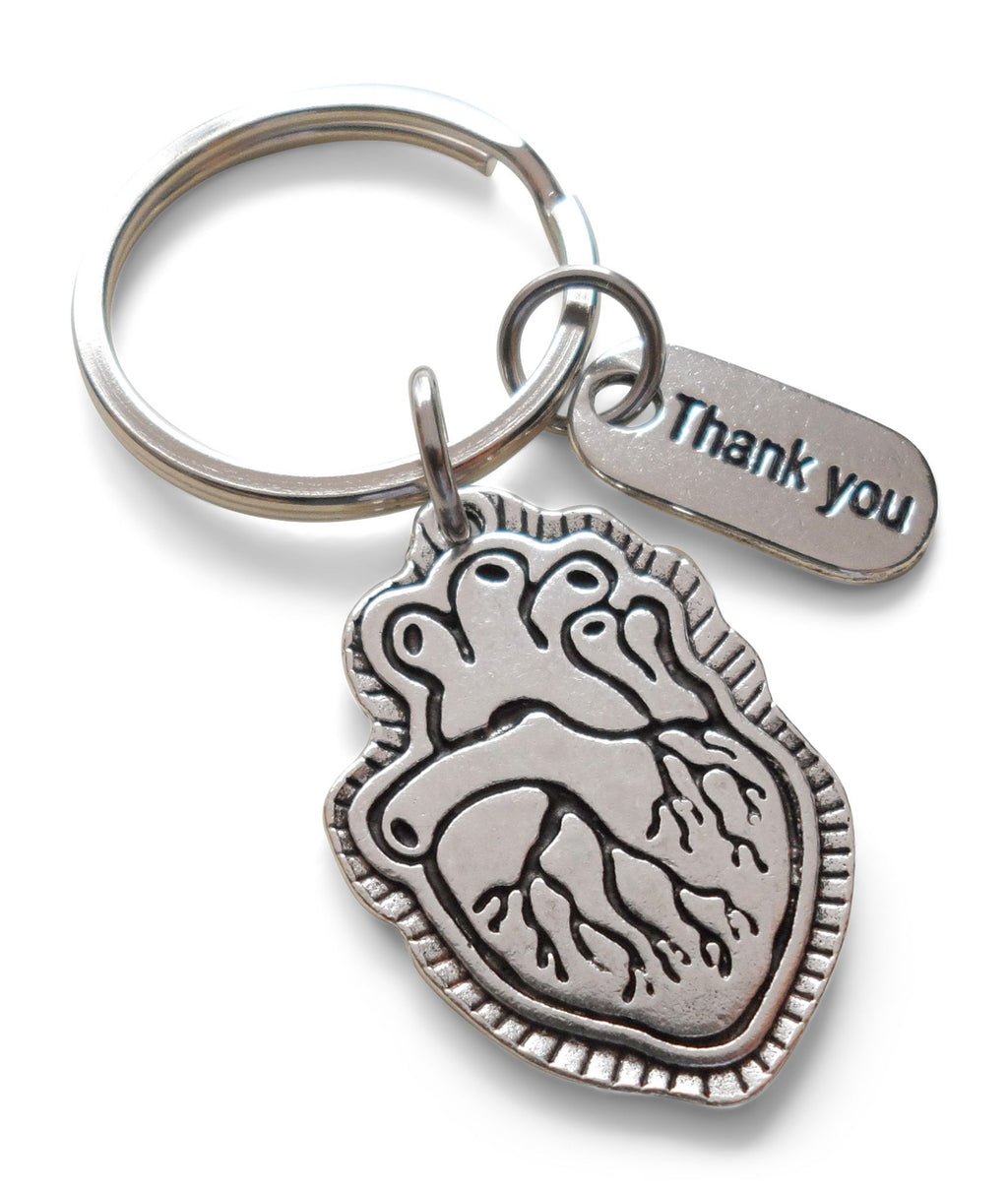 Anatomic Heart Charm Keychain with Thank You Charm, Doctor Office Gift, Hospital Staff Gift, Trainer Thank you Gift