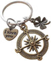 Bronze Compass Charm Keychain with Clover & I Love You Heart Charm - I'd Be Lost Without You; Couples Keychain