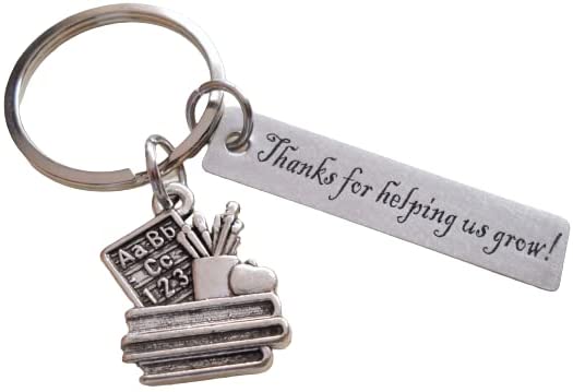 Book Stack & School Supplies Charm Keychain with "Thanks for Helping Us Grow" Engraved Tag, School Volunteer School Volunteer or Teacher Appreciation Keychain