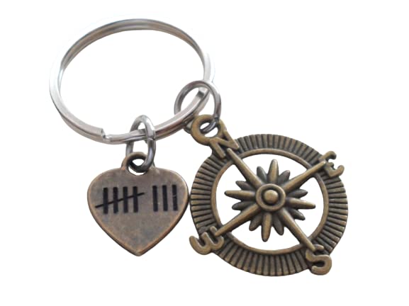 Bronze Compass Charm Keychain with 8 Tally Mark Heart Charm - I'd Be Lost Without You; Couples Keychain