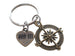 Bronze Compass Charm Keychain with 8 Tally Mark Heart Charm - I'd Be Lost Without You; Couples Keychain