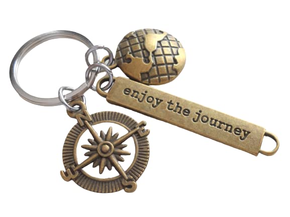 Bronze Enjoy the Journey Compass & Globe Charm Keychain - Graduation Keychain, Encouragement Keychain