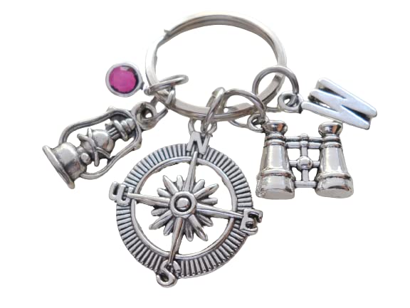Custom Compass Charm Keychain with Binoculars Charm & Lantern Charm and Personalized Letter Charm, Summer Camp or Youth Camp Keychain