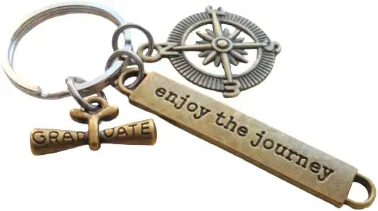 Bronze Enjoy the Journey Compass Charm Keychain with Graduate Scroll Charm - Graduation Keychain, Encouragement Keychain