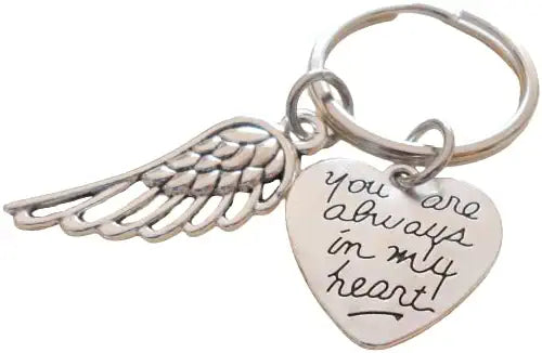 Memorial Keychain, Wing Charm and "You Are Always With in My Heart" Heart Charm