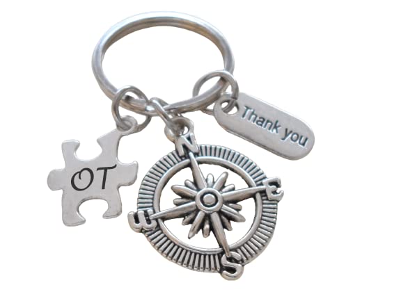 Occupational Therapist Keychain with Guidance Compass Charm, OT Puzzle, and Thank You Charm, OT Appreciation