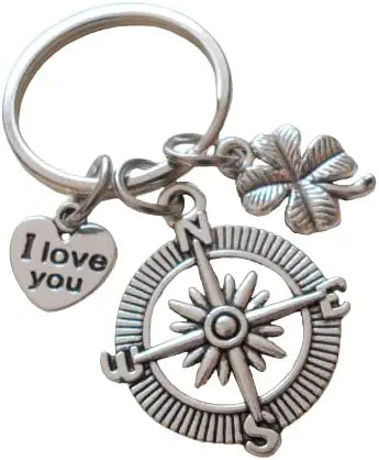 Compass Charm Keychain with Clover & I Love You Heart Charm - I'd Be Lost Without You; Couples Keychain