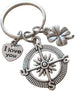 Compass Charm Keychain with Clover & I Love You Heart Charm - I'd Be Lost Without You; Couples Keychain