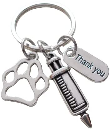 Veterinarian Appreciation Keychain, Veterinary Hospital Staff Gift, Pet & Animal Care Medical Professional; Paw Print, Syringe & Thank You Charm Keychain