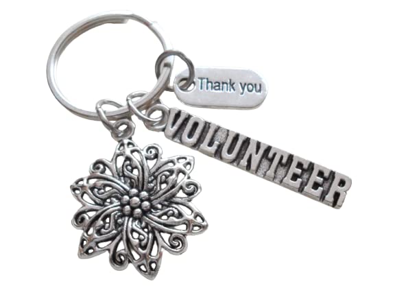 Volunteer Charm Keychain with Flower Charm, Volunteer Charm, and Thank You Charm, Volunteer Appreciation Keychain