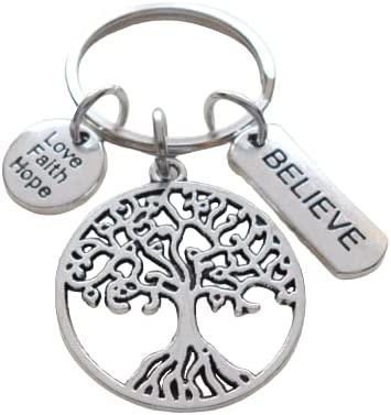 Tree Keychain with Believe Tag Charm & Small Love Faith Hope Disc Charm, Religious Keychain