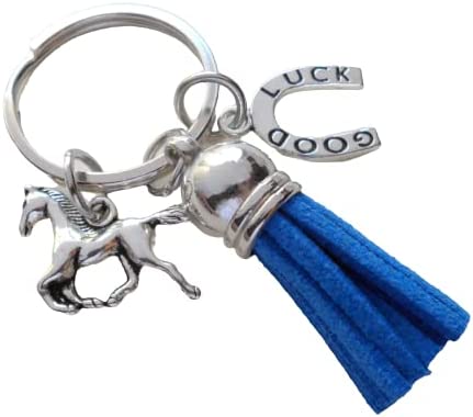 Horse Charm, Good Luck Horse Shoe Charm, and Blue Tassel Keychain, Horse Rider or Coach Keychain