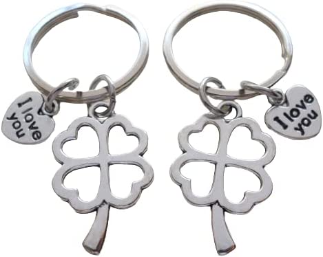 2 Keychains, Each with "I Love You" Heart Charm & Four Leaf Clover Charm - Lucky to Have You, Couples Keychains