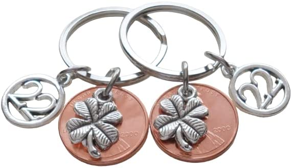 Double Keychain Set, 2000 Penny Keychains with Clover Charms, and with Number 22 Charms; 22 Year Anniversary