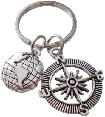 Compass Keychain with World Globe Charm - I'd Be Lost Without You; Couples Keychain