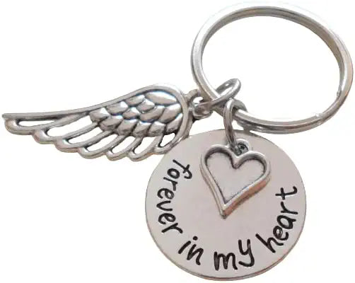 Forever in My Heart Disc Charm Keychain with Wing Charm and Heart Charm, Memorial Keychain