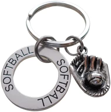 Softball Keychain with Baseball Glove Charm and Softball Ring Charm, Softball Player or Coach Keychain